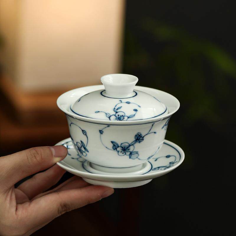 青花盖碗仿古釉下手绘陶瓷盖瓷碗大号单个绘才三泡茶纯手青花瓷手