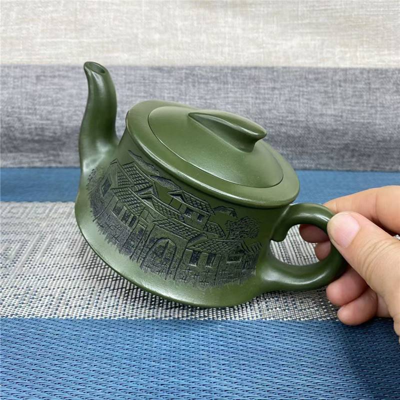 宜兴紫砂壶 一帆风顺茶壶原矿绿泥制纯手工刻绘泡茶壶直播代发