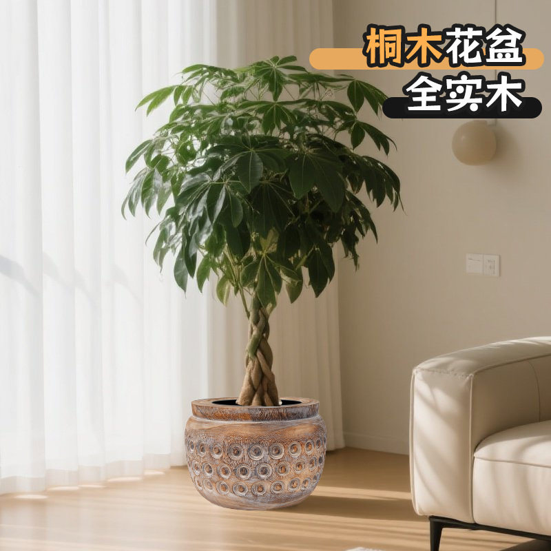 手工雕刻木质工艺花瓶花盆花桶插花花器家居民宿储物器皿桐木花盆