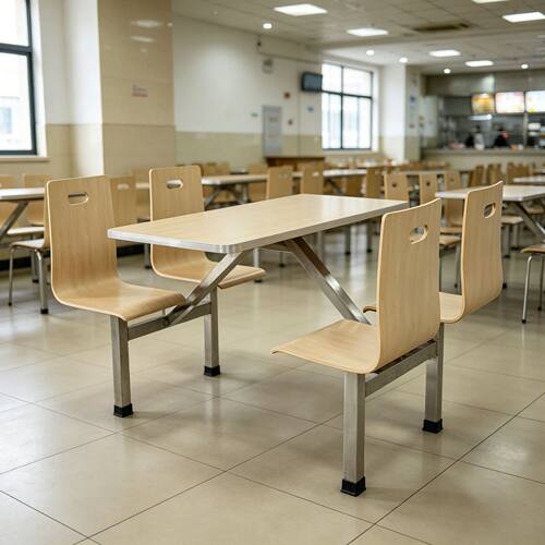 MGBML02027学校食堂四人连体餐桌椅浅木纹带孔靠背不锈钢架