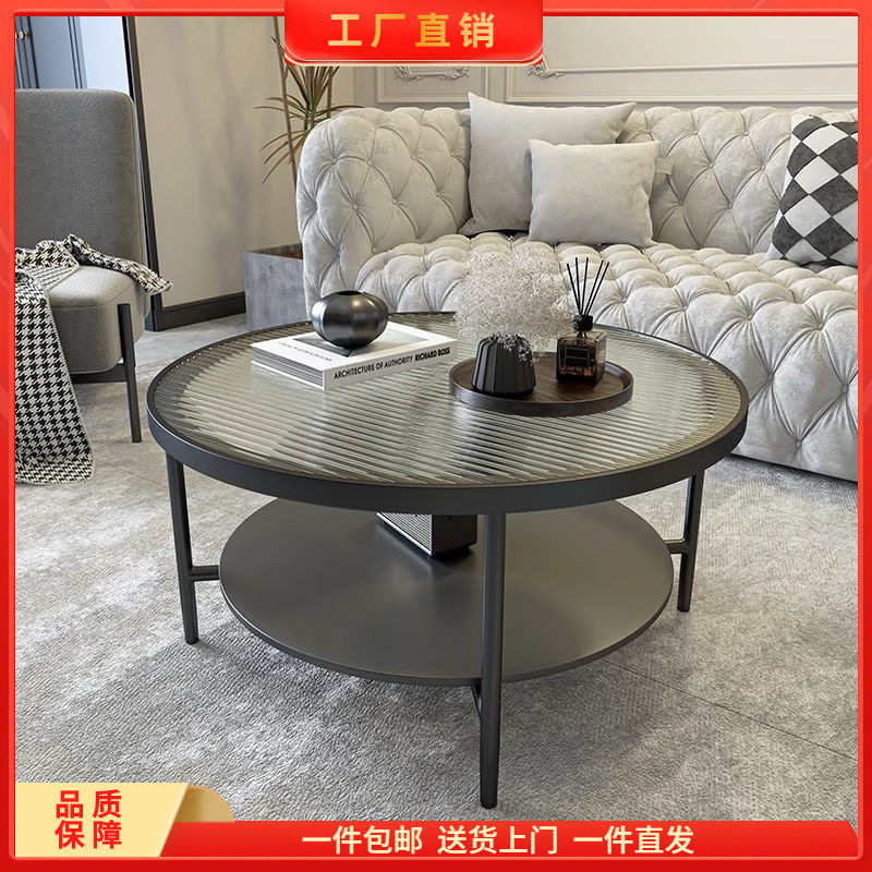 意式岩板茶几客厅家用轻奢现代小户型玻璃茶几黑色小圆桌卧室阳台