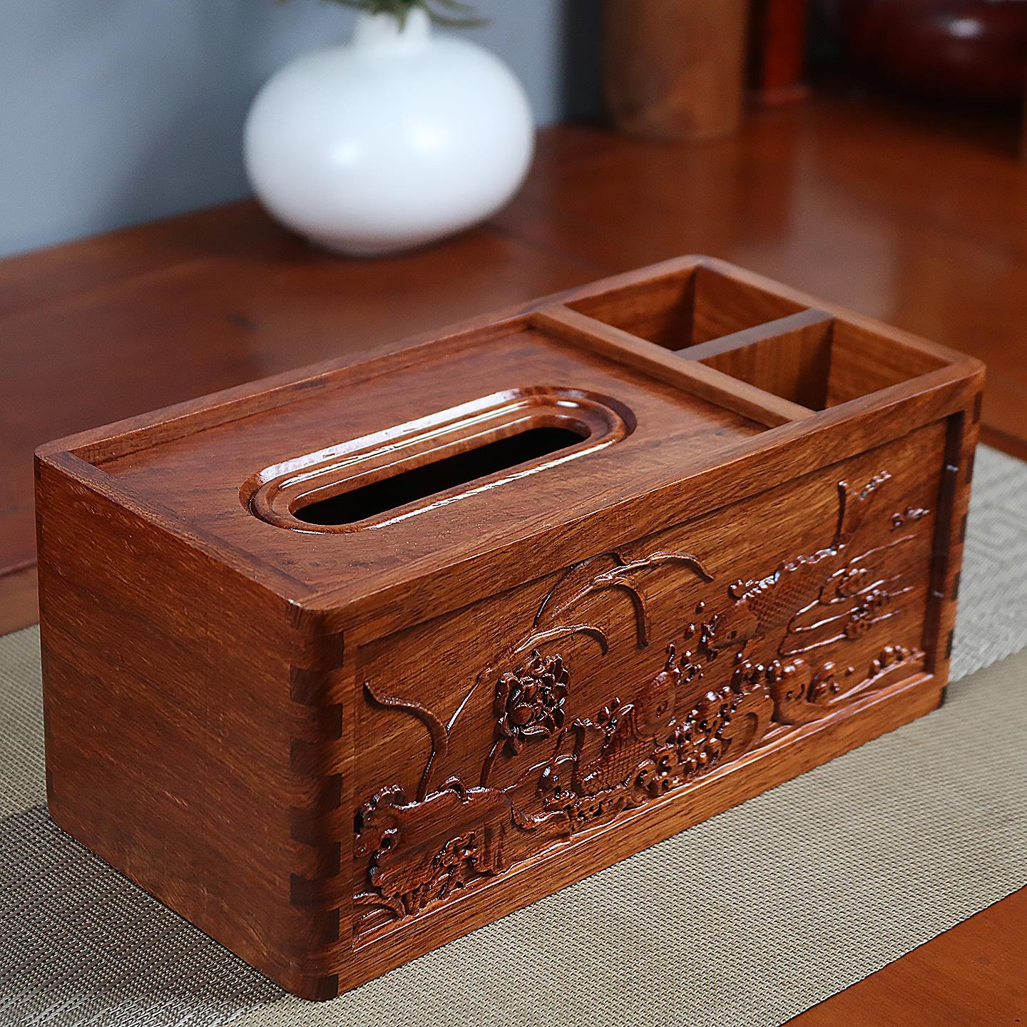 缅甸花梨木纸巾盒实木榫卯小号抽纸盒家用客厅茶几纸抽盒中式雕刻