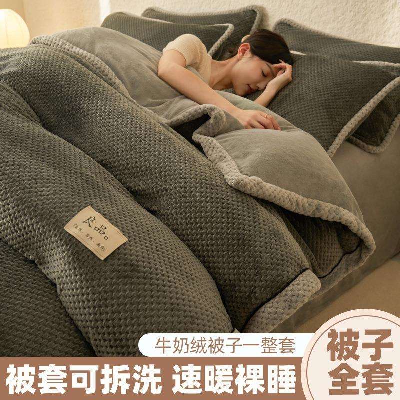 冬季被子冬被全套一整套珊瑚绒冬天棉被加厚保暖单人被套被芯一体