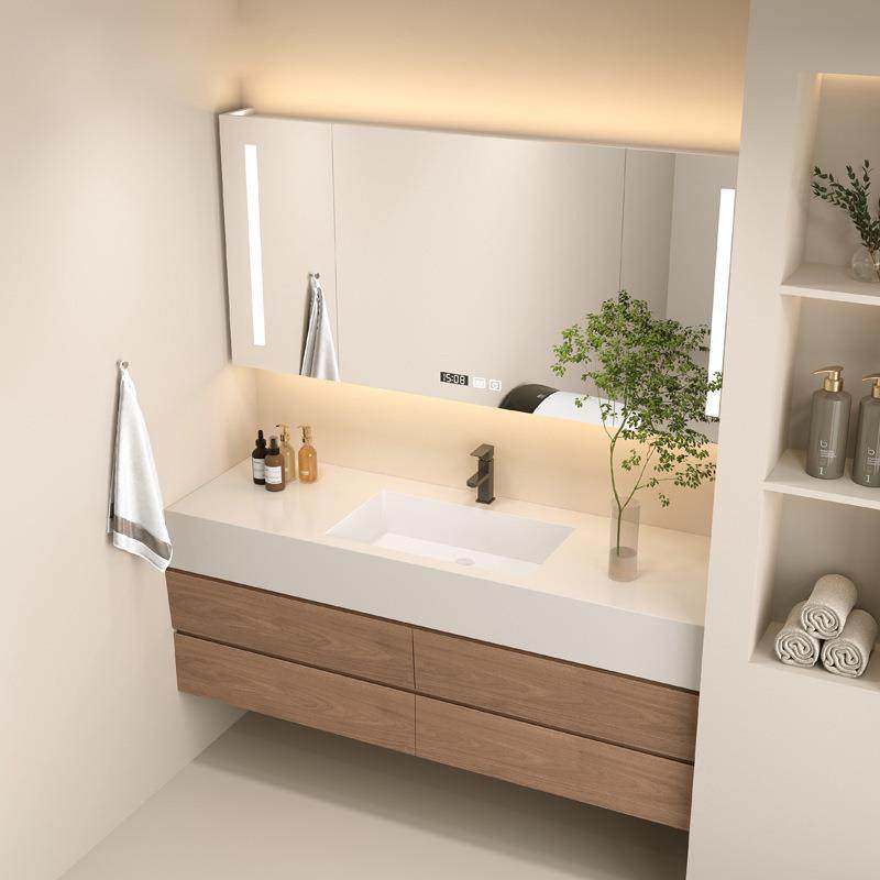 高端岩板一体盆浴室柜原木色组合无缝盆卫生间洗手洗脸洗漱台