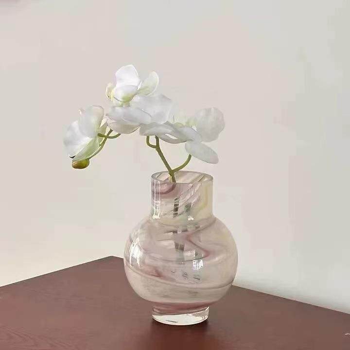 幻彩玻璃粉色云纹肌理水养玫瑰百合插花瓶样板间摆件桌面小花瓶
