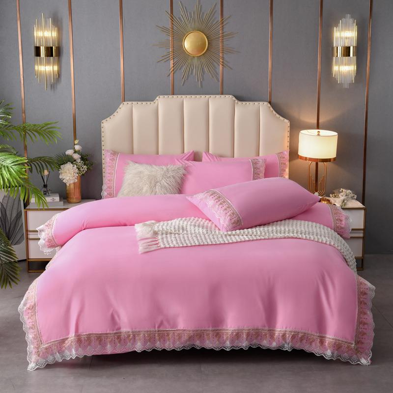 大红色蕾丝花边四件套结婚韩版纯色公主风磨毛被套三件套床单四季