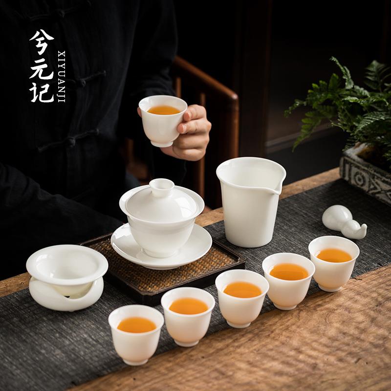 德化羊脂玉瓷盖碗套装茶具家用待客功夫小套高档泡茶壶茶碗大套装