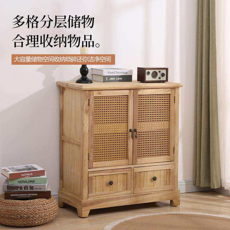 美式复古实木餐边柜现代简约藤编储物柜客厅玄关收纳柜子阳台tω