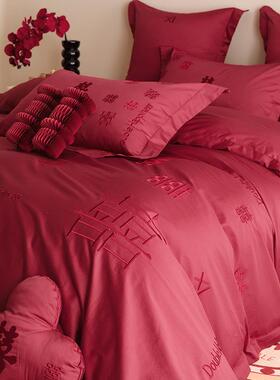 婚庆140S长绒棉四件套纯棉结婚房喜字床笠款红色新婚床品