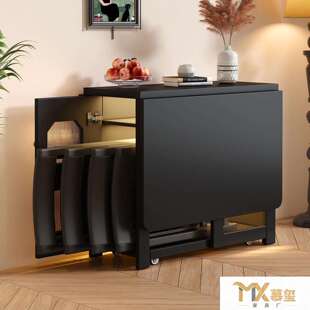 中古风实木折叠餐桌一体餐边柜家用小户型法式复古伸缩多功能黑色