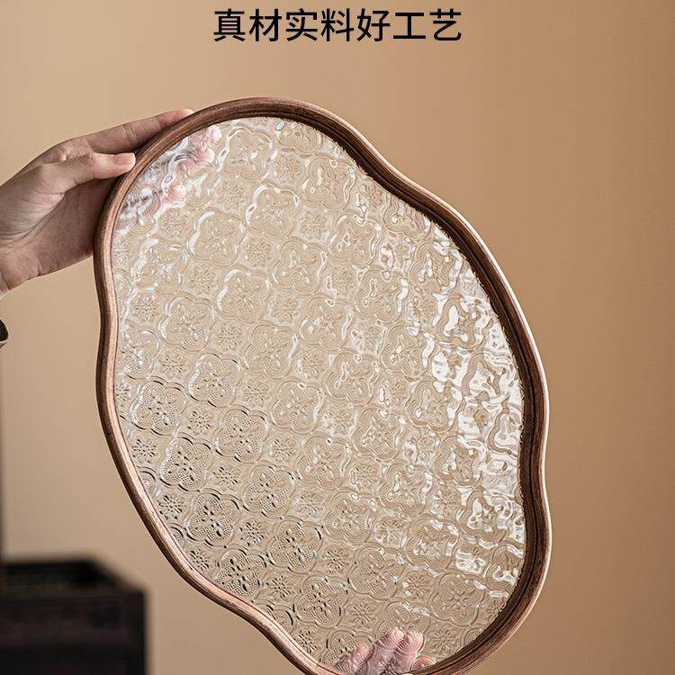 极素海棠花玻璃托盘中式小型茶点盘家用盖碗壶承壶托复古收纳盘子