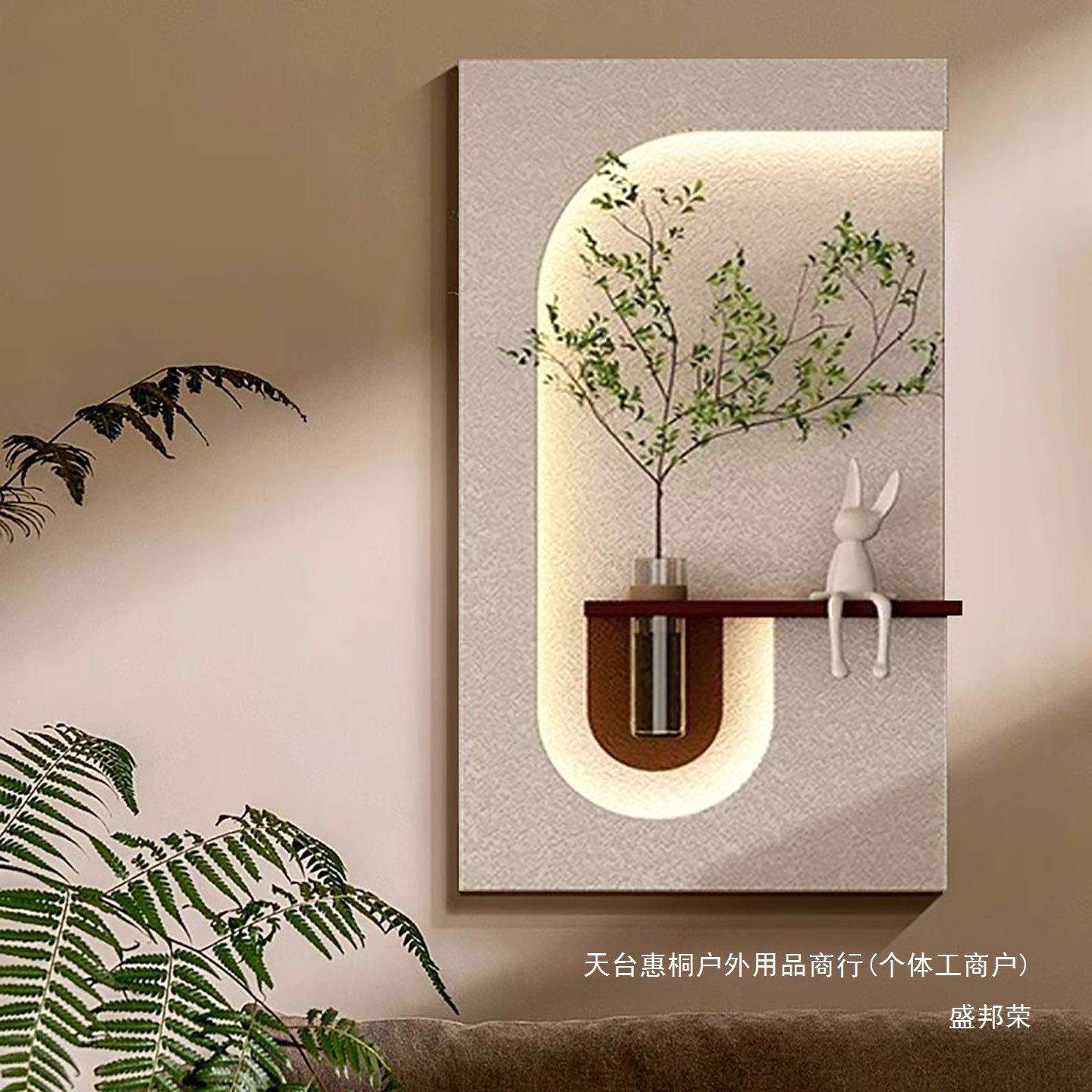 奶油水培风砂岩画玄关灯光创意客厅装饰画挂画壁画氛围绿植正对门