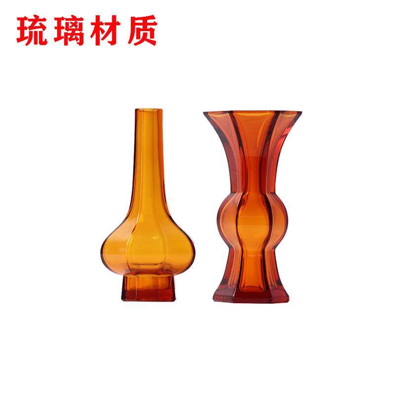 新中式现代琉璃花瓶茶色绿色花器摆件博古架摆件书柜样板房装饰品