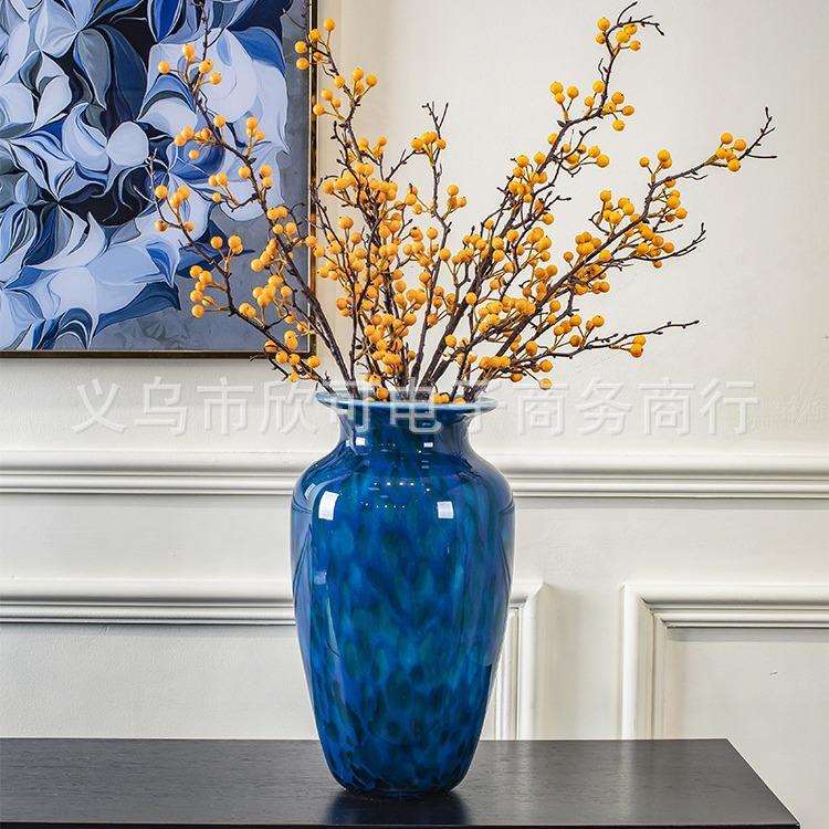 现代轻奢孔雀蓝玻璃花瓶摆件客厅插花客厅玄关样板间售楼部花器