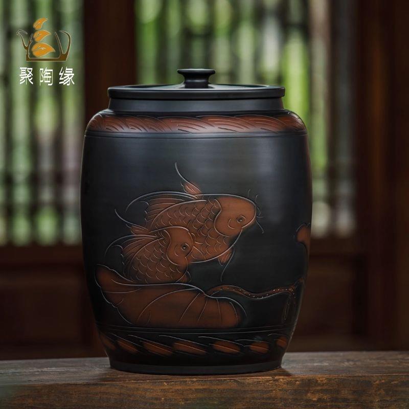 水罐陶瓷水缸家用储水用厨房纯净水桶茶道茶台泡茶老式陶罐抽水款