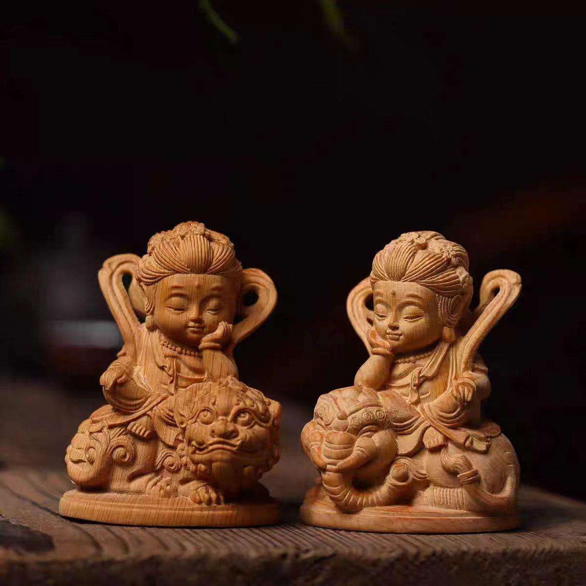 崖柏黄杨木佛摆件实木雕刻家居玄关供奉神像文殊普贤佛摆件图片