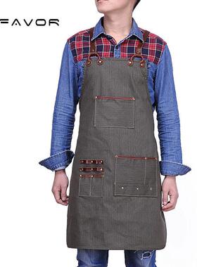 外贸款工艺工匠围裙复古帆布防水围裙多工具口袋皮肩带结实耐磨