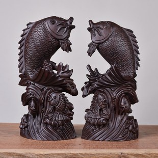 饰品红木工艺品送礼 黑檀实木雕刻年年有鱼摆件一对家居客厅公司装