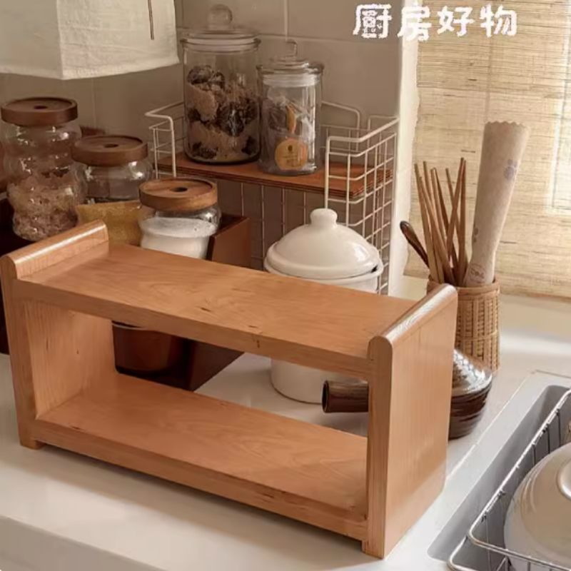 实木厨房多功能置物架调味料品台面复古咖啡杯收纳神器省空间架子