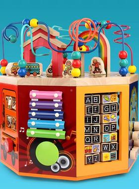 宝木珠质幼儿益智早教多功大号绕串能珠JOQ百宝箱宝123周岁玩具