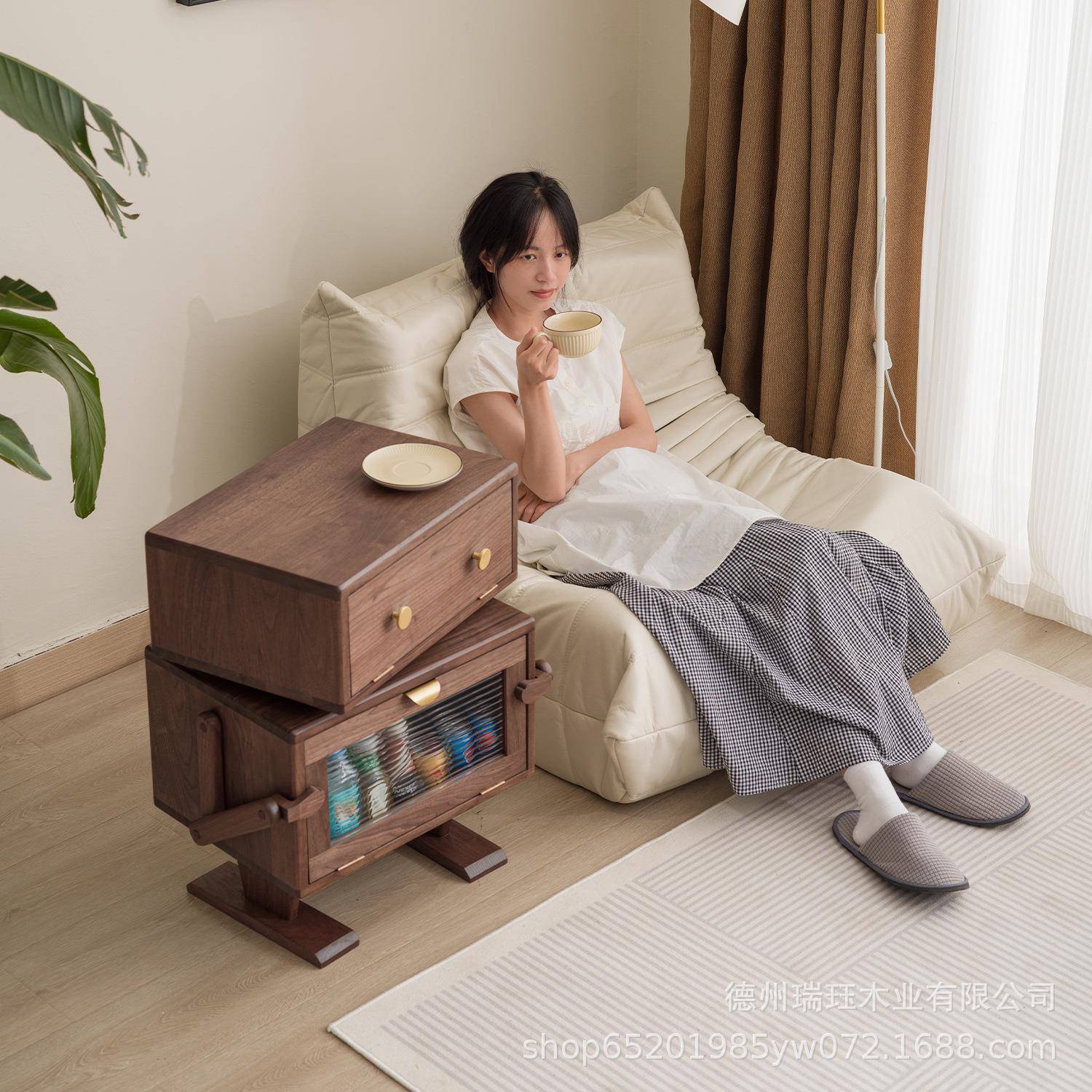 北美黑胡桃机器人边柜实木发边LUM几客厅储木物头收纳床柜儿童卡