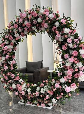 2OGG米形圆架花艺展厅装饰粉色子玫瑰绣球拱门花婚礼置圆形布仿真