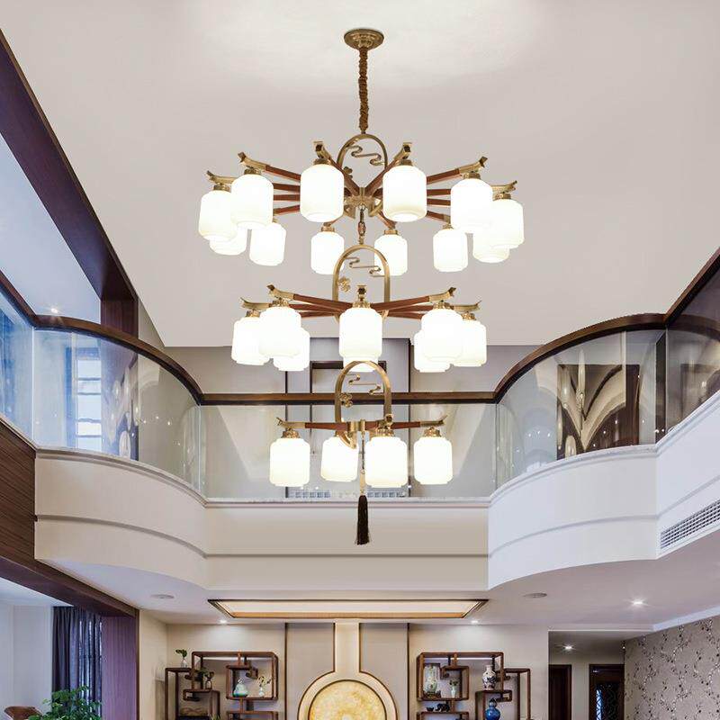 新中式吊灯大餐黑DT6044胡桃实木全铜灯厅仿古厅卧室复式客中楼国