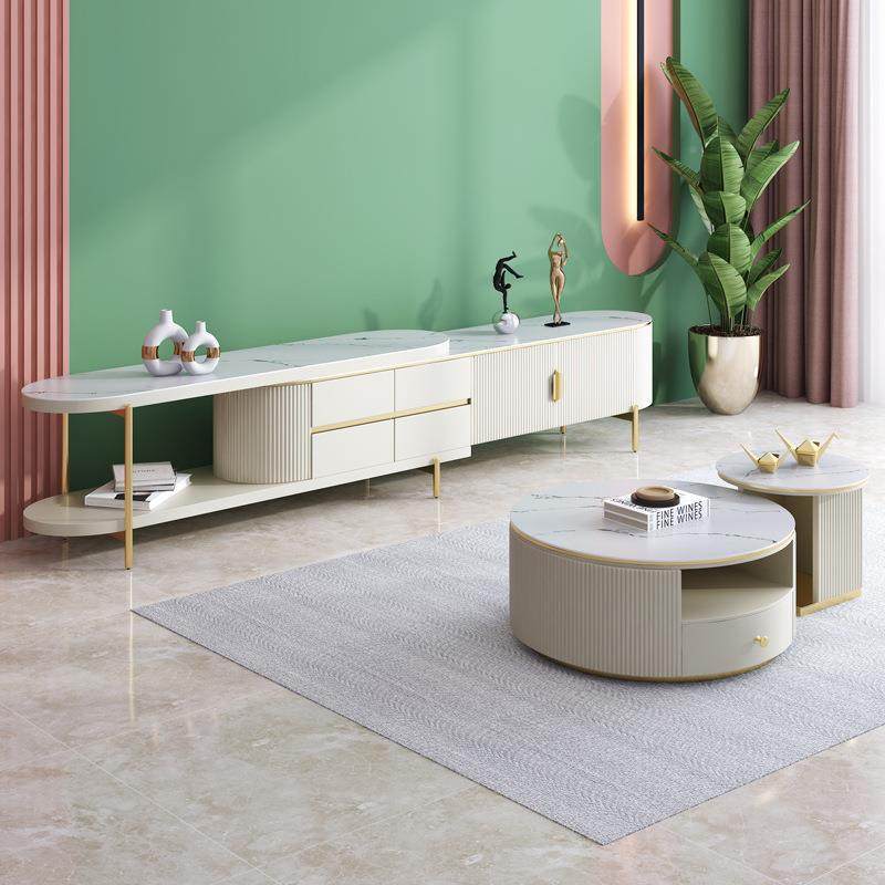 轻奢岩板电柜茶几视组合DJJ简约客厅小户型奶油可地伸缩储物高风