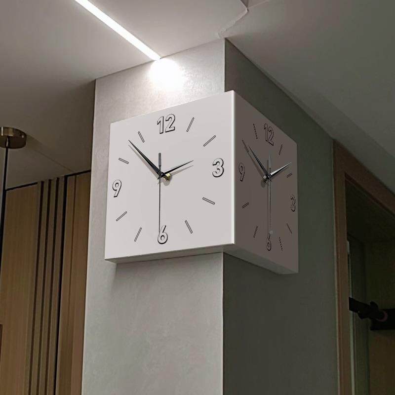 现代简约客双面转角挂钟奶风厅免FVS打孔家钟用创意时壁油灯钟表