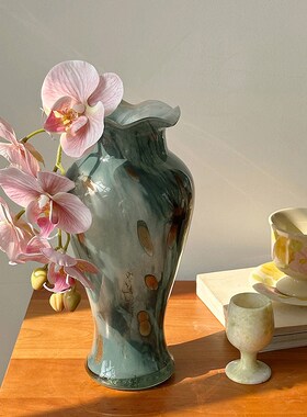 中式风蓝色玻璃花瓶复古t花边装饰花器摆件客厅玄关电视柜插花水