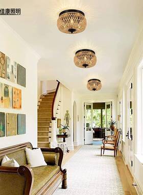 ama9922zon亚马逊境供货编藤编复古农跨舍圆形织吸顶中灯山灯饰厂