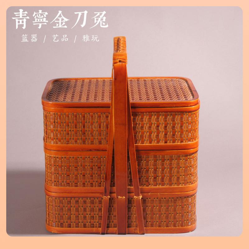 盒?F757T656手食提篮编篮子手提送餐三层拜拜用工编织竹篮子古代