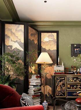 新中复古仙鹤屏风断折叠移动式客厅入户遮挡UIC办公室装隔折饰实