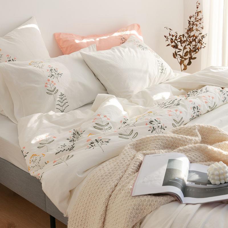 日式棉水洗棉刺绣宿四件套全简约素色民纯棉双人被套716床床单笠