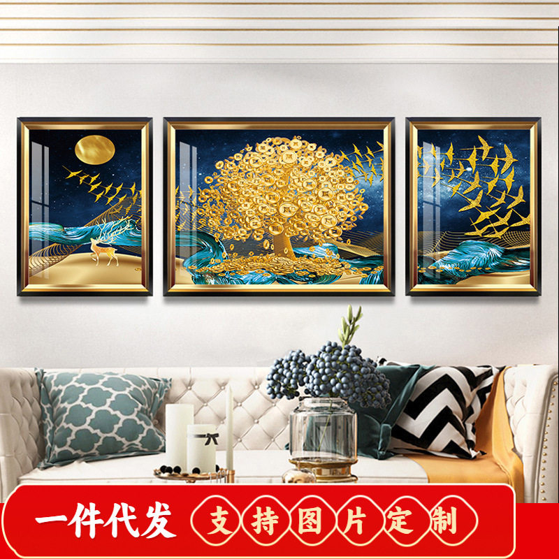 麋鹿钻石画2019新款客厅三联画轻奢抽象发财树贴钻十字绣满钻石绣
