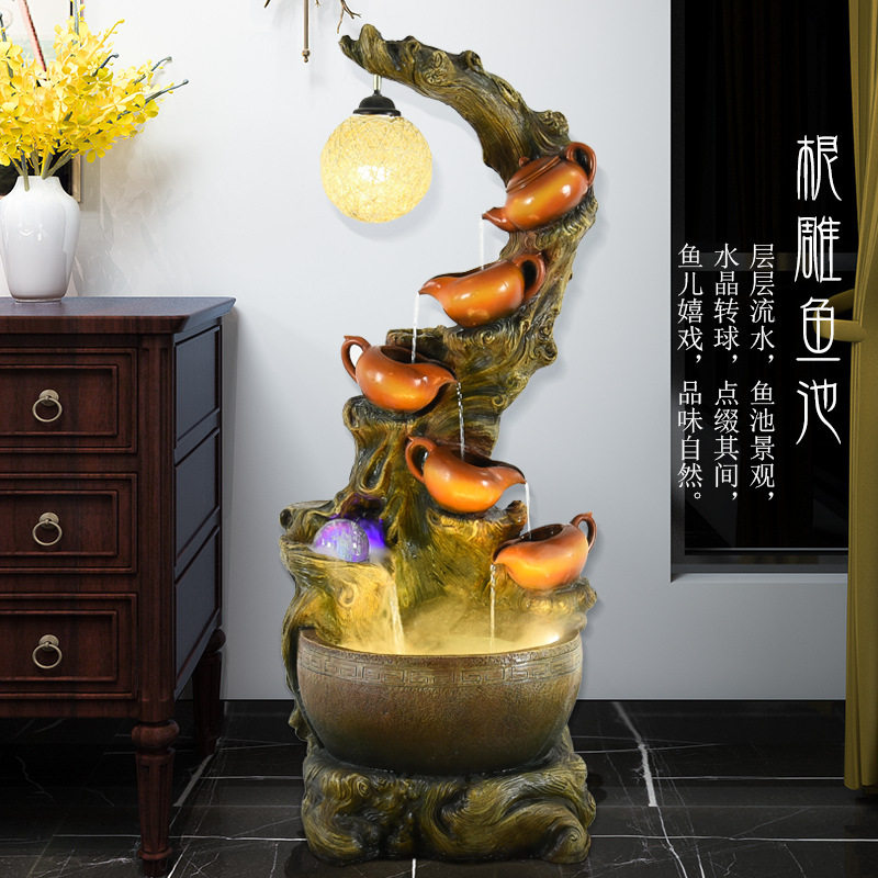 中式客厅流水喷泉盆景装饰品办公室招财风水轮假山加湿器落地摆件