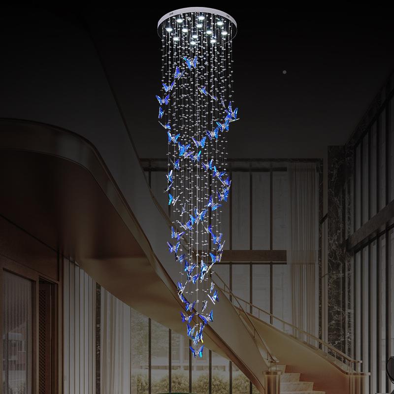 艺梯术水晶吊灯轻复式楼吊灯长中山灯饰蝴蝶奢465吊灯LED别晶墅水