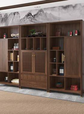 新室中式实木书柜组合办公黑胡桃架木博古架多宝置阁物JDW茶室展