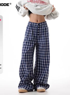 ICH MODE 美式复古格子裤女2025新款春秋宽松阔腿裤直筒休闲裤子