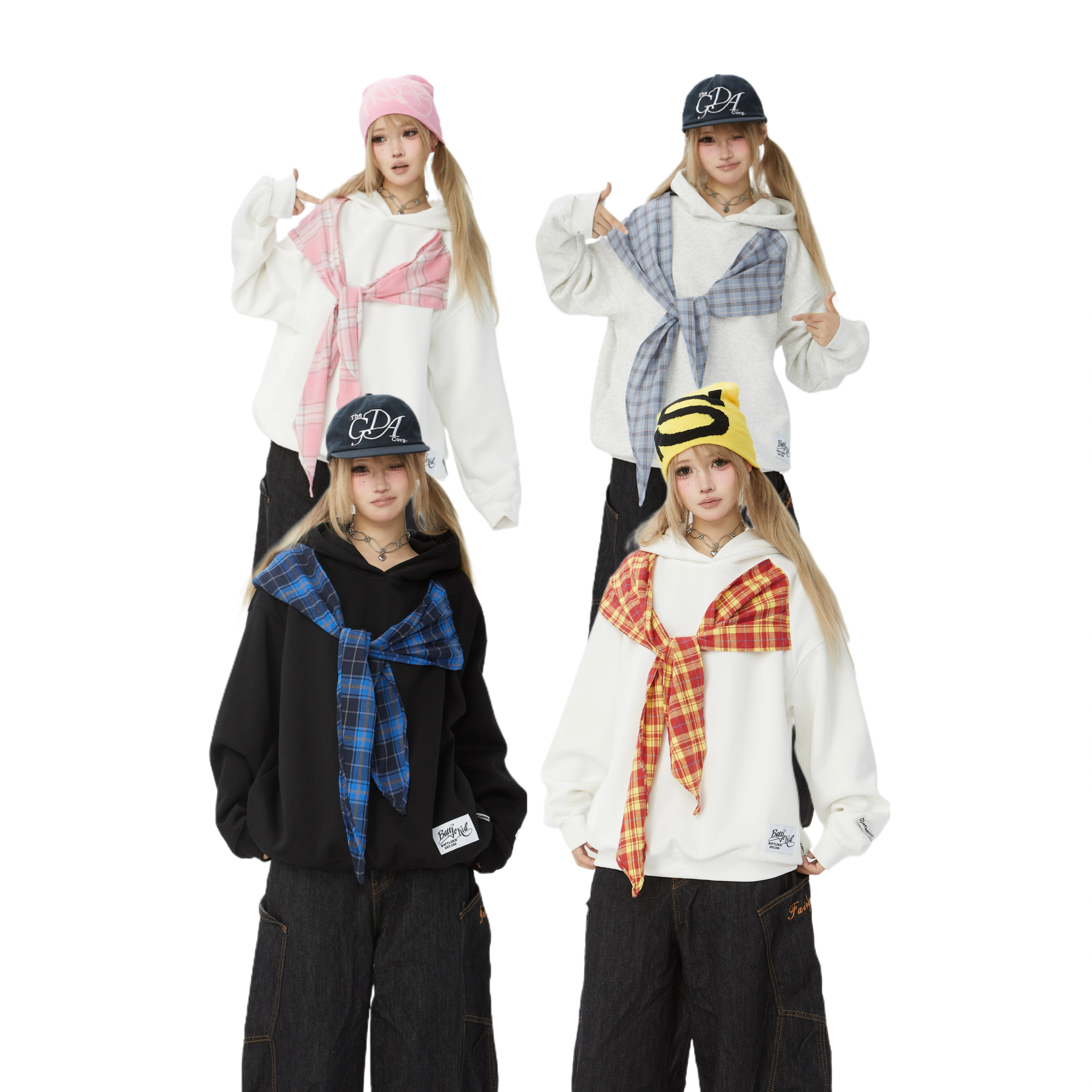 【零碎岛屿】美式复古蝴蝶结格子绑带连帽卫衣秋冬女宽松情侣上衣