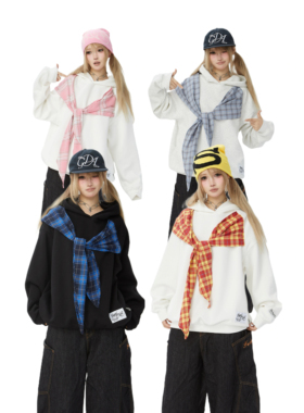 【零碎岛屿】美式复古蝴蝶结格子绑带连帽卫衣秋冬女宽松情侣上衣