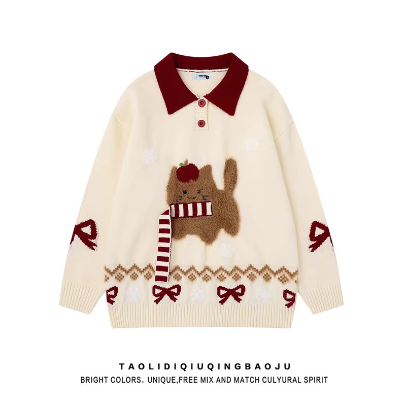 可爱围巾小狗撞色翻领毛衣女秋冬慵懒新年红色宽松软糯针织衫上衣