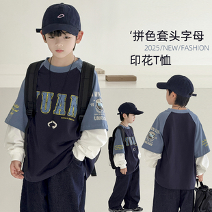 打底衫 男童假两件长袖 潮 卫衣男孩春季 儿童春装 T恤春秋款 2026新款
