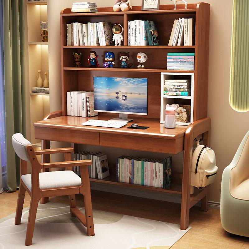 实木书桌家用可升降儿童学习写字桌子书架一体卧室学生电脑办公桌