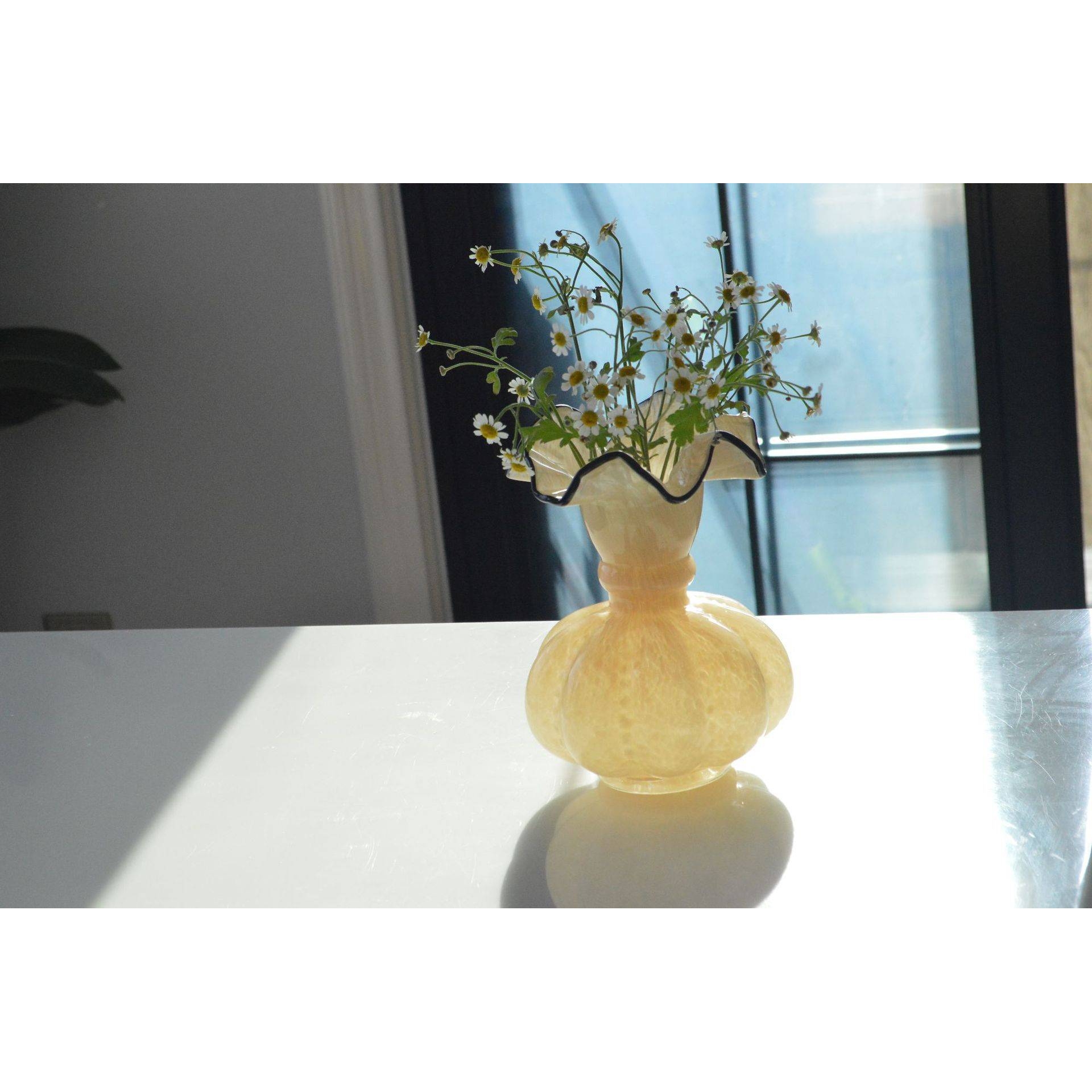 中古奶玉黄色芬顿风法式南瓜珠花瓶手工琉璃玻璃家插花器软装摆件