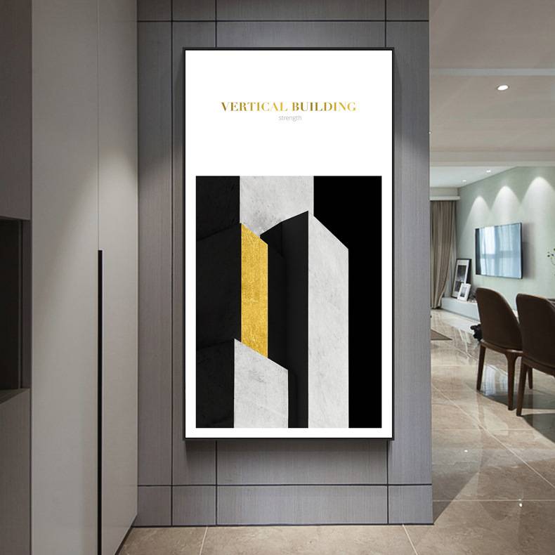 轻奢玄关装饰画入户工业风抽象黑白建筑画现代简约走廊尽头竖挂画图片