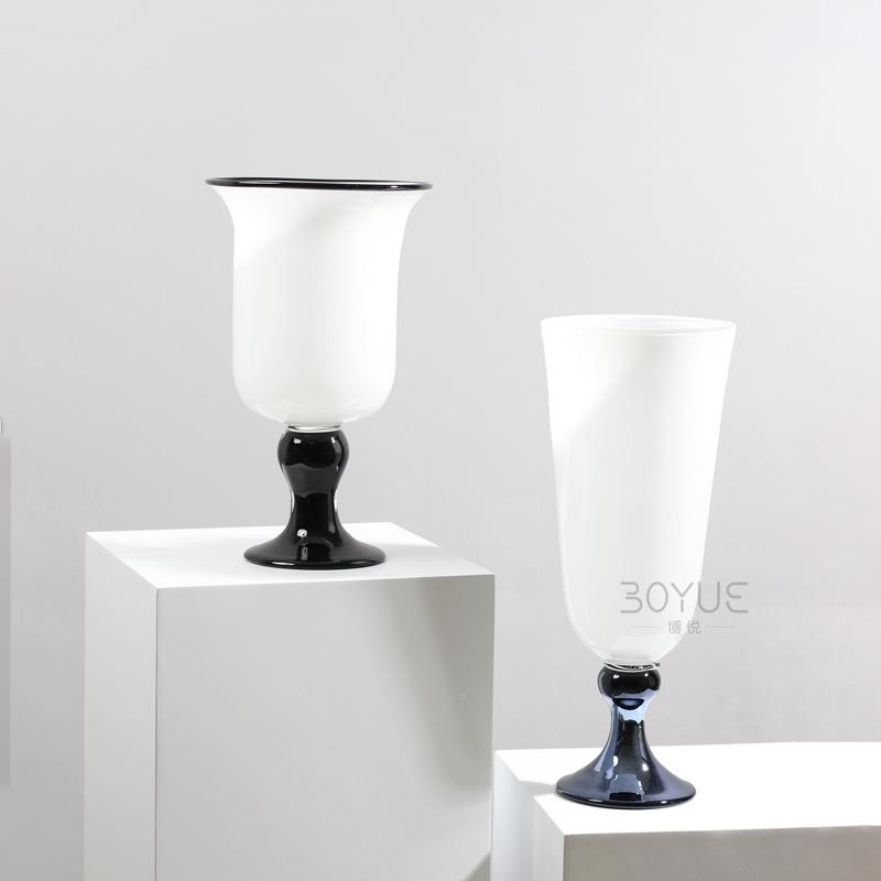 中古风黑白拼高脚大术琉璃花瓶法式复古客色厅插花口ql53a艺装饰