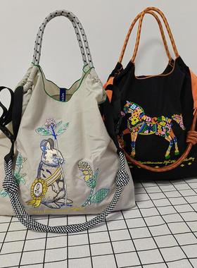 ballchain包包高圆圆同款刺绣购物袋胸章兔环保袋尼龙单肩斜挎包