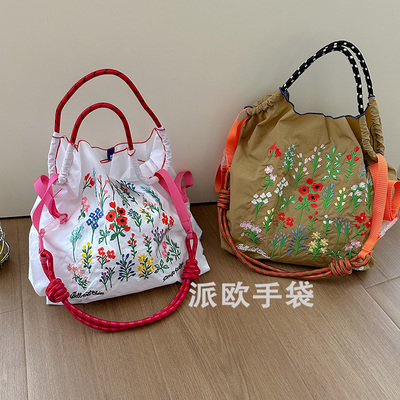 日本ball chain高圆圆同款勋环保购物袋花草刺绣尼龙包单肩斜挎女