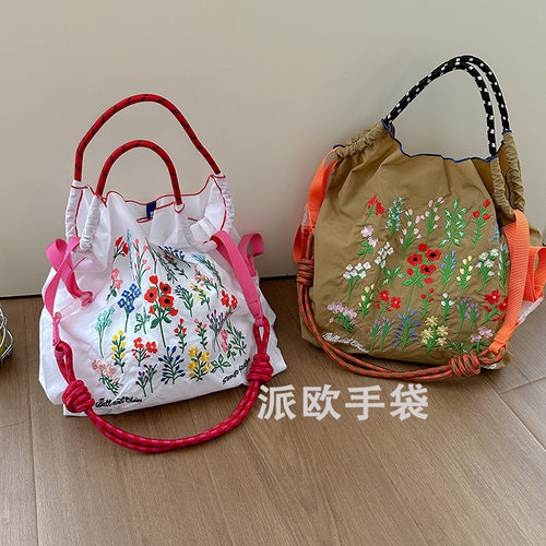 日本ball chain高圆圆同款勋环保购物袋花草刺绣尼龙包单肩斜挎女